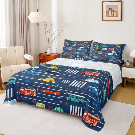 Homewish Colorful Cartoon Car Full Size Sheets,Traffic Light Bed Sheets,Deepblue Red Yellow Sheet Sets For Boy Kids,Luxury Bedroom Decor,4-Piece