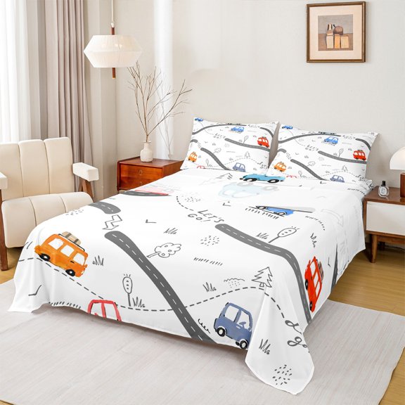 Homewish Colorful Cartoon Car Twin Sheet Sets,Modern City Road Twin Fitted Sheet,White Gray 03 For Boys Kids,Super Cozy Room Decor,3-Piece