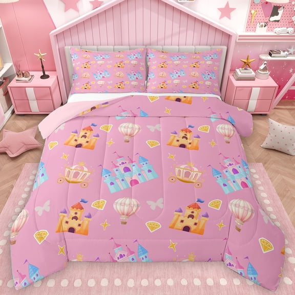 Homewish Colorful Cartoon Castle Queen Comforter Set,Fairy Tale Theme Bedding Sets,Diamond Hot Air Balloon Bedding Comforter Set For Girls Kids,Super Cozy Room Decor Reversible,3-Piece