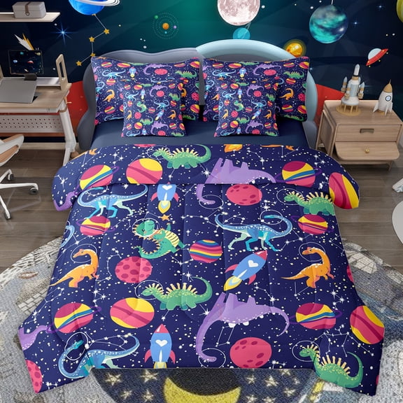 Homewish Colorful Cartoon Dinosaur 7-Piece Twin Bedding Sets,Rocket Pattern Bedding Comforter Set,Constellation Print Galaxy Planet Sheet Sets For Boy Kids,Microfiber Bedroom Decor Reversible