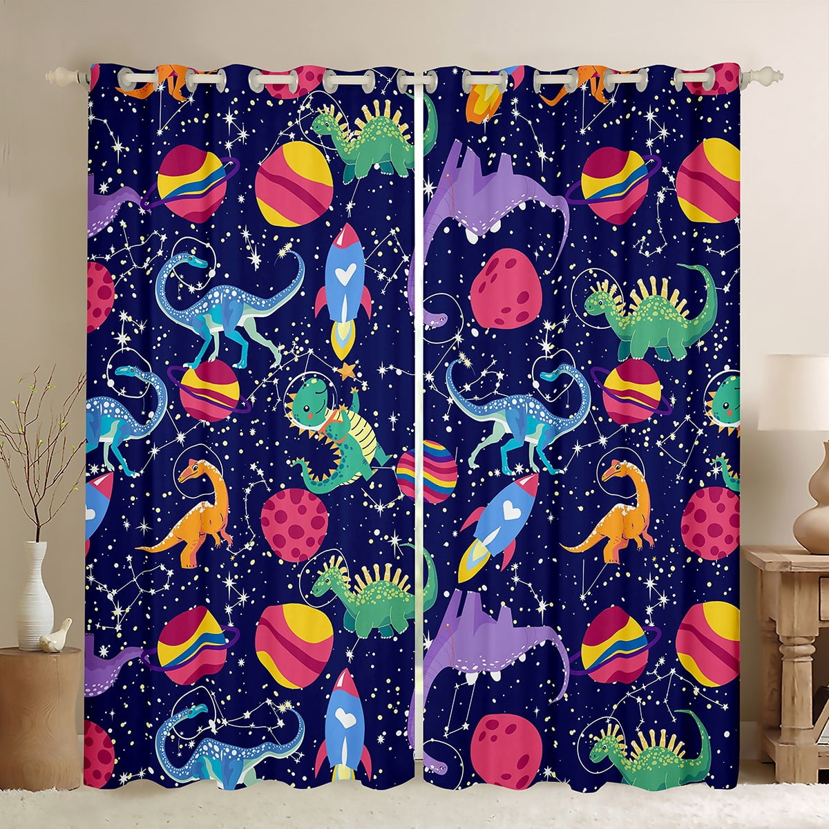 Homewish Colorful Cartoon Dinosaur Black Out Curtains,Rocket Pattern Curtains Pack of 2 (42x63 Each),Constellation Print Galaxy Planet Bedroom Curtains For Boy Kids,Microfiber Bedroom Decor