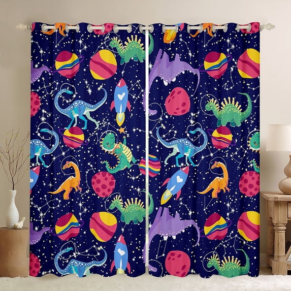 Homewish Colorful Cartoon Dinosaur Curtains Pack of 2 (42x84 Each),Rocket Pattern Curtains Blackout,Constellation Print Galaxy Planet Bedroom Curtains For Boy Kids,Microfiber Bedroom Decor