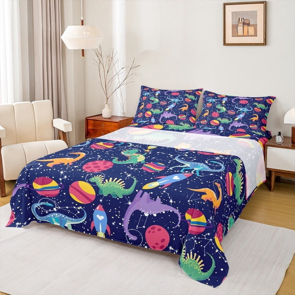 Homewish Colorful Cartoon Dinosaur Queen Sheet Sets,Rocket Pattern Flat Sheet,Constellation Print Galaxy Planet Queen Fitted Sheet For Boy Kids,Microfiber Bedroom Decor,4 Pieces