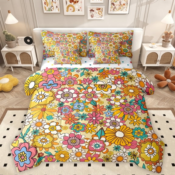 Homewish Colorful Cartoon Flower 7-Piece Bedding Comforter Set,Boho Floral King Bedding Sets,Pink Orange Bed Sheets For Girls Kids,Breathable Home Decor Reversible