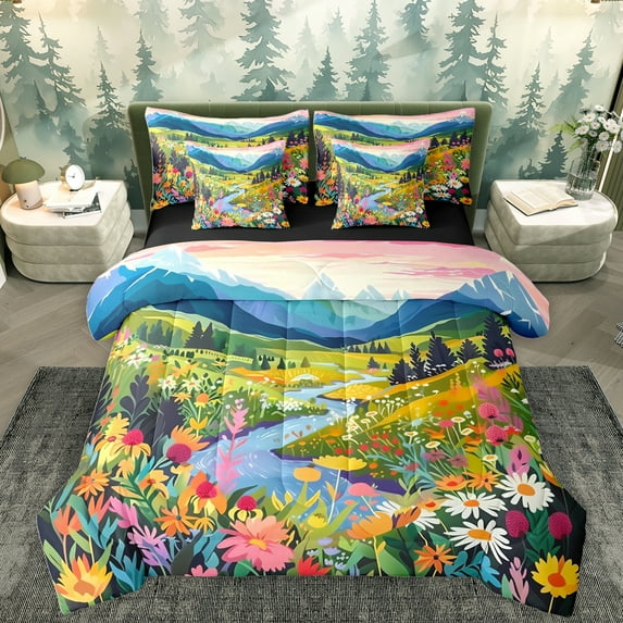 Homewish Colorful Cartoon Flower 7-Piece Twin Bedding Sets,Beauty Natural Landscape Bedding Comforter Set,Kawaii Daisy Sheet Sets For Girls Kids,Microfiber Bedroom Decor Reversible