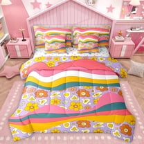 Homewish Colorful Cartoon Flower 7-Piece Twin Bedding Sets,Multicolor Striped Bedding Comforter Set,Fairy Tale Theme Sheet Sets For Girls Kids,Luxury Bedroom Decor Reversible
