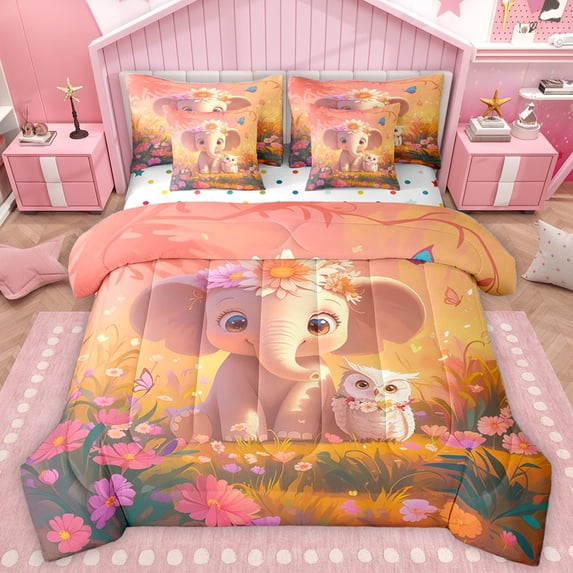Homewish Colorful Cartoon Flower 7-Piece Twin Bedding Sets,Wild Elephant Owl Bedding Comforter Set,Pink Daisy Floral Sheet Sets For Girls Kids,Breathable Home Decor Reversible