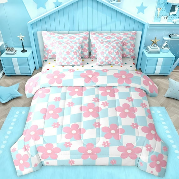 Homewish Colorful Cartoon Flower 7 Pieces Bedding Comforter Set,Cute Daisy Blossom Full Bedding Set,Pink Blue White Fitted Sheet Flat Sheet For Girls Kids,Breathable Home Decor Reversible