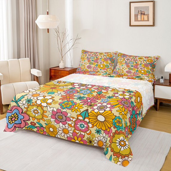 Homewish Colorful Cartoon Flower Bed Sheets,Boho Floral King Sheets,Pink Orange Sheet Set For Girls Kids,Breathable Home Decor,4pcs