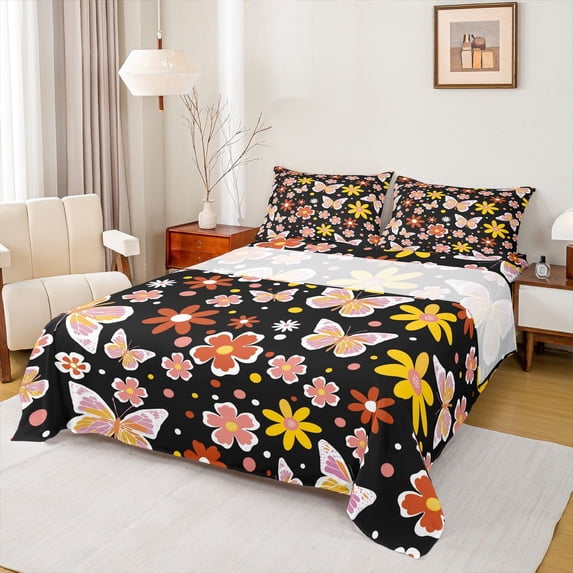 Homewish Colorful Cartoon Flower Full Size Sheets,Cute Daisy Blossom Bed Sheets,Pink Yellow Black Sheet Sets For Girls Kids,Breathable Home Decor,4-Piece