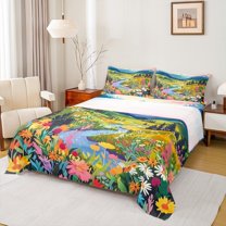 Homewish Colorful Cartoon Flower Twin Sheet Sets,Beauty Natural Landscape Twin Fitted Sheet,Kawaii Daisy Flat Sheet For Girls Kids,Microfiber Bedroom Decor,3 Pieces