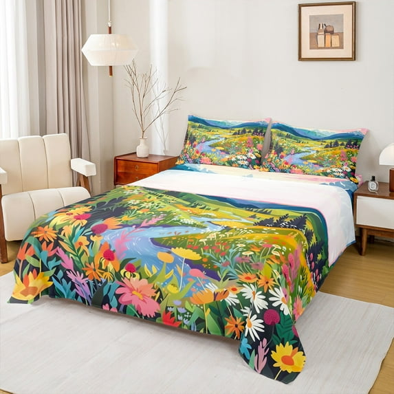 Homewish Colorful Cartoon Flower Twin Sheet Sets,Beauty Natural Landscape Twin Fitted Sheet,Kawaii Daisy Flat Sheet For Girls Kids,Microfiber Bedroom Decor,3 Pieces