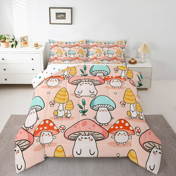 Homewish Colorful Cartoon Mushroom Bedding Comforter Set,Tropical Botanical Plant Twin Comforter Sets,Pink Blue Orange Bedding Set For Girls Teens,Ultra Soft Home Decor Reversible,2 Pieces
