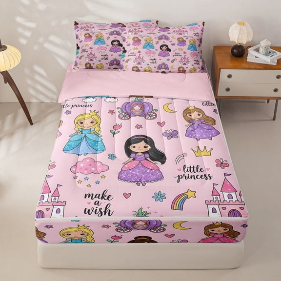 Homewish Colorful Cartoon Princess Zipper Twin Comforter Sets with Fitted Sheet and 2 Pillowcases,Dreamy Princess Style Castle Cute Floral Zipper Bedding Set For Kids,Pink Reversible,4 Pieces