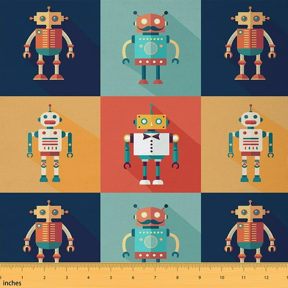 Homewish Colorful Cartoon Robot Fabric by the Yard 1 Yard,Rainbow Geometric Checkered Home Decor Fabric by the Yard,Intelligent Machine Mechanical Sewing Fabric For Boys,Super Cozy Room Decor