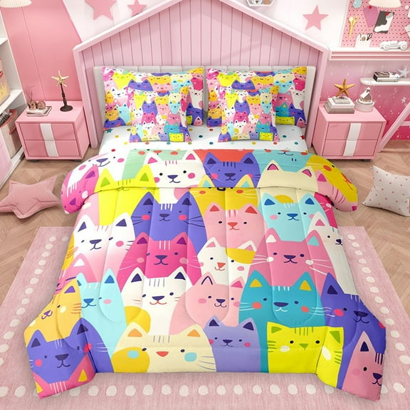 Homewish Colorful Cats 7pcs Bedding Comforter Set for Preppy Kids Child,Cartoon Animal Queen Bedding Sets Super Cozy,Kawaii Pet Queen Sheet Sets,Super Cozy Room Decor,Reversible