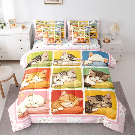 Homewish Colorful Cats Grid 7-Piece King Bedding,Cute Cartoon Animal King Bed in a Bag,Polkadot Reversible