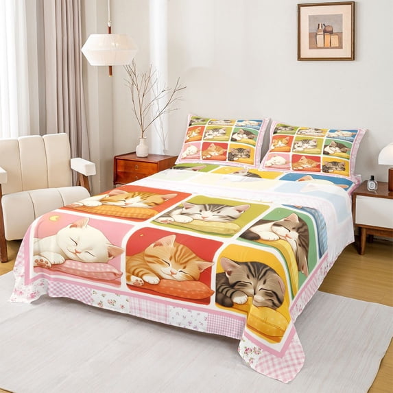 Homewish Colorful Cats Grid Bed Sheets,Cute Cartoon Animal Full Size Sheets,4pcs,1 Flat Sheet, 1 Fitted Sheet and 2 Pillowcases