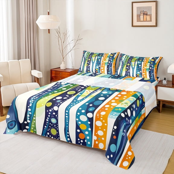 Homewish Colorful Circle 4 Pieces Queen Sheet Sets For Adults Female Men,Abstract Polka Dots Ultra Soft Flat Sheet,Vintage Aesthetic Queen Fitted Sheet,Ultra Soft Home Decor