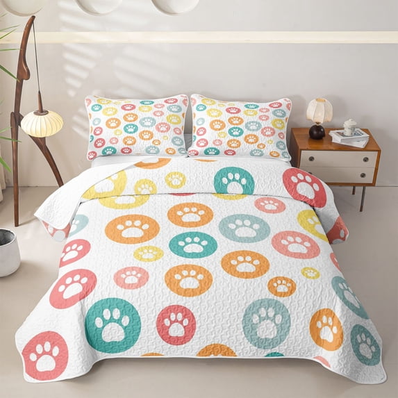 Homewish Colorful Circle Dog Paw Quilt King,Cartoon Pet Themed King Coverlet Set,3-Piece