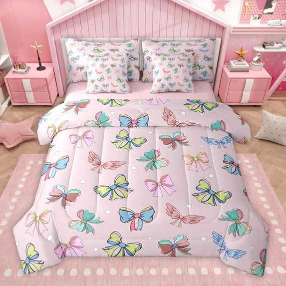 Homewish Colorful Cute Bowtie 7pcs Bedding Comforter Set,Kawaii Bow Ribbon Queen Bedding Sets,Geometric Polka Dots Queen Sheet Sets For Girls Kids,Ultra Soft Home Decor Reversible