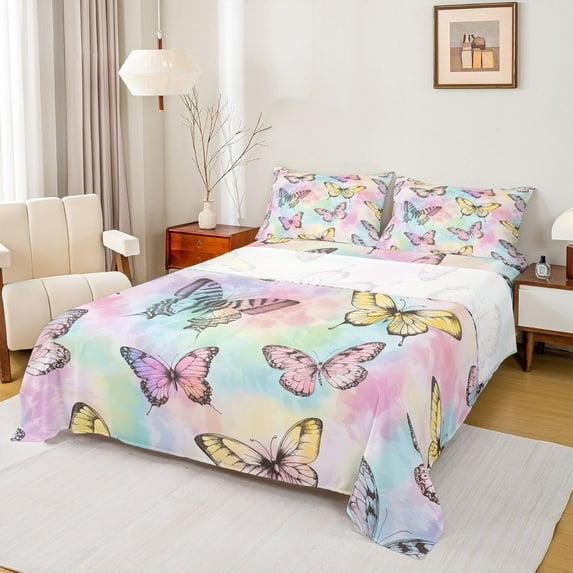 Homewish Colorful Cute Butterfly Twin Sheet Sets,Watercolor Tie Dye Twin Fitted Sheet,Rainbow Ombre Flat Sheet For Girls Teens,Luxury Bedroom Decor,3-Piece