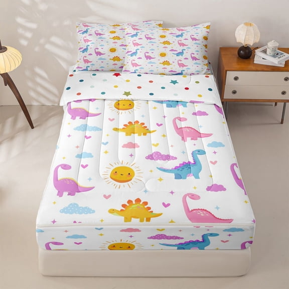 Homewish Colorful Cute Dinosaur Zipper Full Size Comforter Sets with Fitted Sheet and 2 Pillowcases For Girl Kids,Multicolor Clouds Print Zipper Bedding Set,Reversible,4-Piece