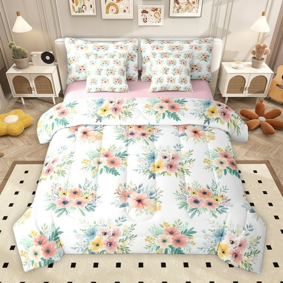 Homewish Colorful Cute Flower 7 Pieces Bedding Comforter Set,Country Floral Full Bedding Set,Rustic Natural Plant Fitted Sheet Flat Sheet For Girls,Luxury Bedroom Decor Reversible