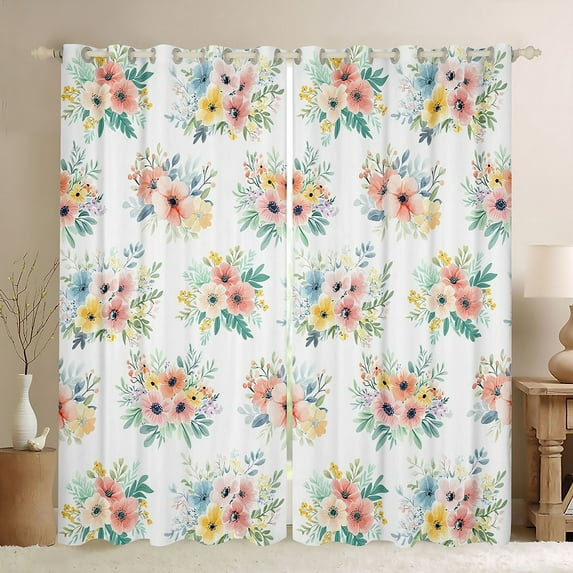 Homewish Colorful Cute Flower Blackout Curtains Set of 2 (52x84 Each),Country Floral Window Curtains,Rustic Natural Plant Curtains and Drapes For Girls,Luxury Bedroom Decor
