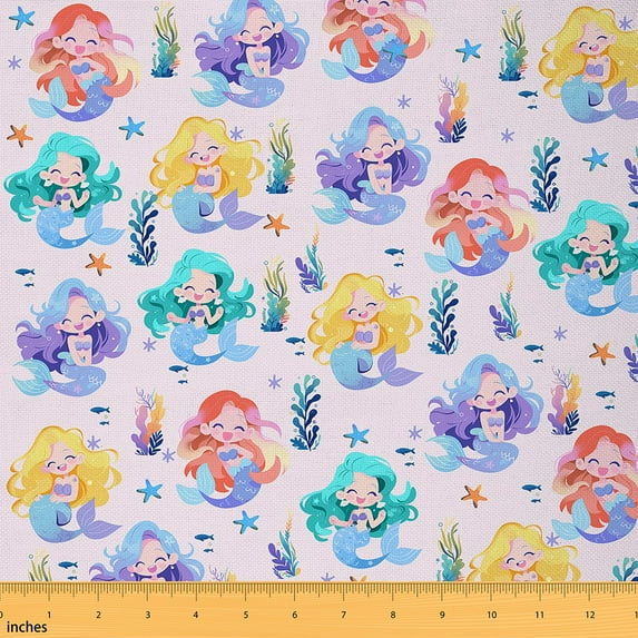 Homewish Colorful Cute Mermaid Fabric by the Yard 1 Yard,Cartoon Ocean Sealife Home Decor Fabric by the Yard,Starfish Coral Fish Sewing Fabric For Girls Kids,Super Cozy Room Decor