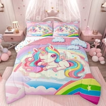 Homewish Colorful Cute Unicorn Bedding Comforter Set,Kawaii Rainbow Stars Pattern Twin Comforter Sets, Magic Animal Bedding Set For Girls Teens,Super Cozy Room Decor Reversible,2 Pieces