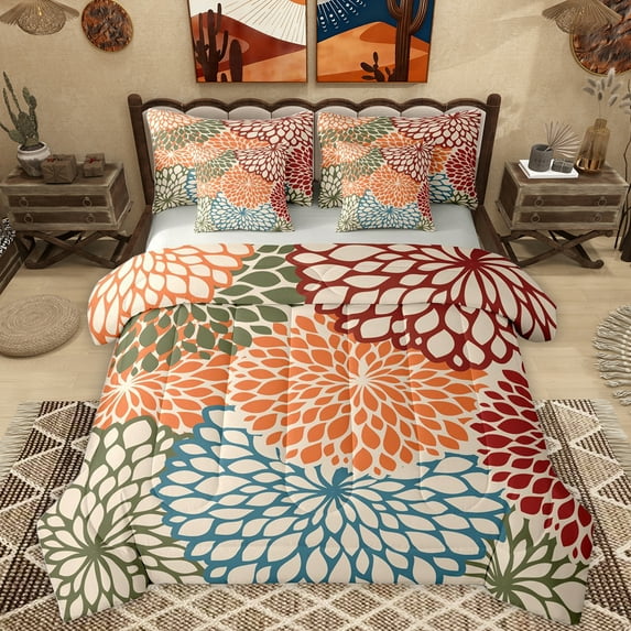 Homewish Colorful Dahlia Floral 7-Piece Bedding Comforter Set,Vintage Boho Flower King Bedding Sets,Orange Red Blue Bed Sheets For Adults,Super Cozy Room Decor Reversible