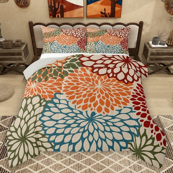 Homewish Colorful Dahlia Floral Full Size Comforter Sets,Vintage Boho Flower Bedding Comforter Set,Orange Red Blue Bedding Sets For Adults,Super Cozy Room Decor Reversible,3pcs