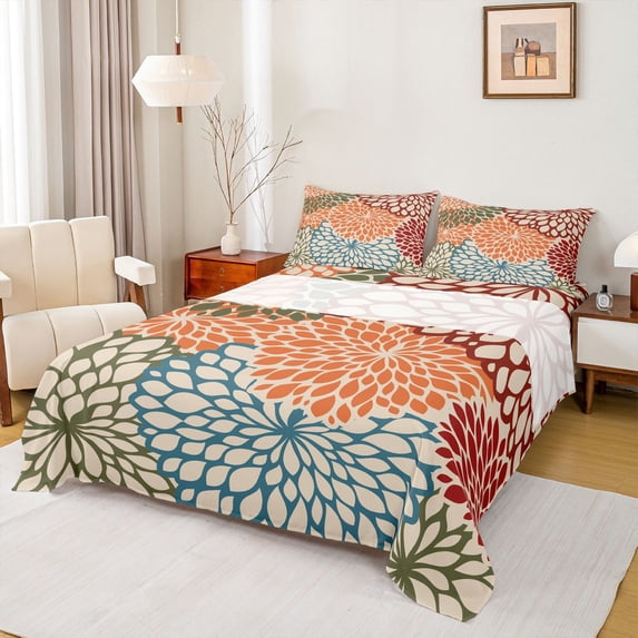 Homewish Colorful Dahlia Floral Twin Sheet Sets,Vintage Boho Flower Twin Fitted Sheet,Orange Red Blue Flat Sheet For Adults,Super Cozy Room Decor,3 Pieces