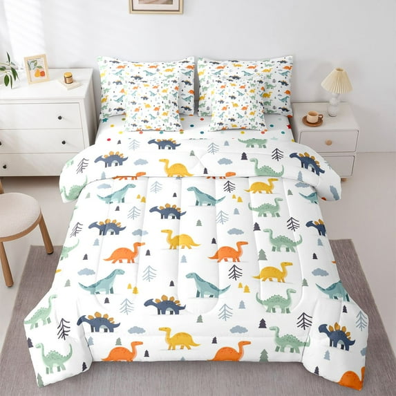 Homewish Colorful Dino 7-Piece Bedding Comforter Set for Boys Girls,Cartoon Animal Dinosaur King Bedding Sets,Kawaii Woodland Wildlife Ultra Soft Bed Sheets,Ultra Soft Home Decor,Reversible
