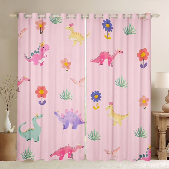 Homewish Colorful Dino Dinosaur Black Out Curtains,Ancient Animal Curtains Pack of 2 (42x63 Each),Girls Pink Bedroom Curtains For Boy Kids,Microfiber Bedroom Decor