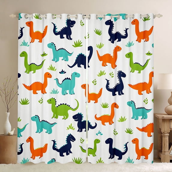 Homewish Colorful Dinosaur Blackout Curtains Set of 2 (52x84 Each),Cute Wildlife Curtain,White