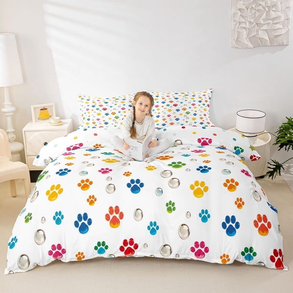 Homewish Colorful Dog Paws Bedding,Cartoon Animal Duvet Cover Full,White,Polkadot Reversible,3-Piece,1 Duvet Cover and 2 Pillowcases