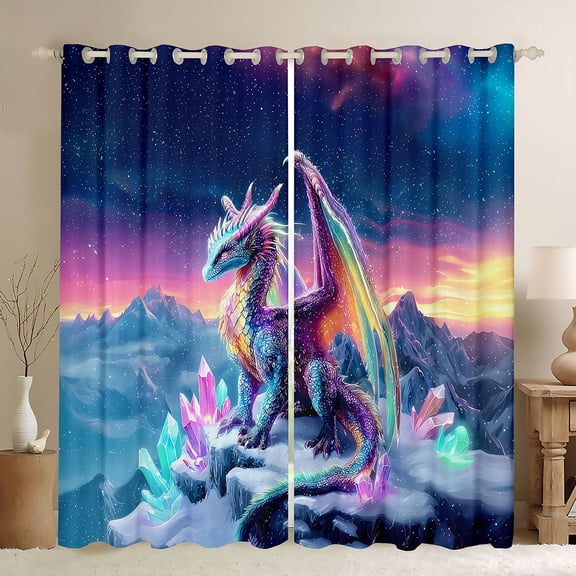 Homewish Colorful Dragon Black Out Curtains,3D Chic Diamond Curtains Pack of 2 (42x63 Each),Orange Sunset Bedroom Curtains For Kids,Super Cozy Room Decor