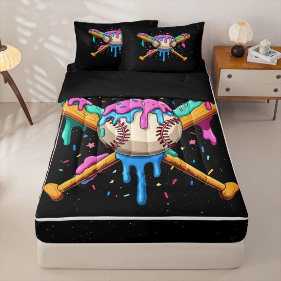 Homewish Colorful Drippy Baseball Bat Print Zipper Twin Comforter Sets with Fitted Sheet and 2 Pillowcases,Fun Sports Zipper Bedding Set For Kids Boys And Girls,Reversible,4 Pieces