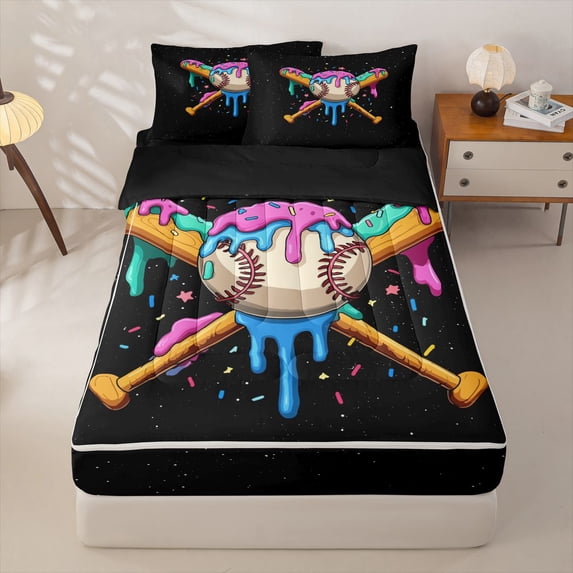 Homewish Colorful Drippy Baseball Bat Print Zipper Twin Comforter Sets with Fitted Sheet and 2 Pillowcases,Fun Sports Zipper Bedding Set For Kids Boys And Girls,Reversible,4 Pieces