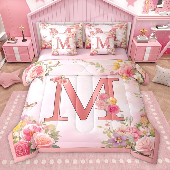 Homewish Colorful Floral 7-Piece Twin Bedding Sets,Romantic Flower Bedding Comforter Set,First Letter M Sheet Sets For Girls,Super Cozy Room Decor Reversible