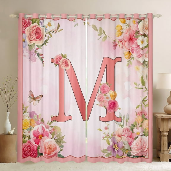 Homewish Colorful Floral Black Out Curtains,Romantic Flower Curtains Pack of 2 (42x63 Each),First Letter M Bedroom Curtains For Girls,Super Cozy Room Decor