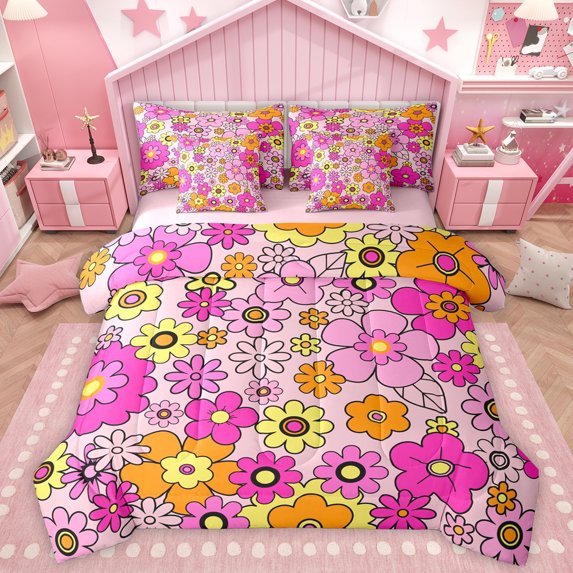 Homewish Colorful Flower Dasiy 7-Piece Twin Bedding Sets,Kawaii Floral Bedding Comforter Set,Pink Yellow Sheet Sets For Girls Teens,Ultra Soft Home Decor Reversible