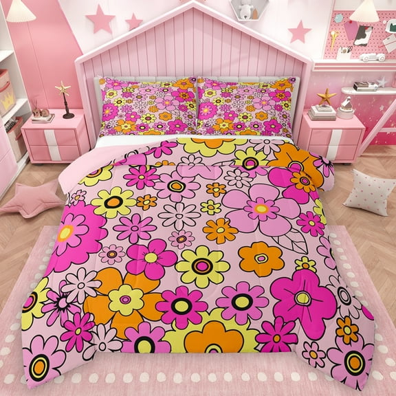 Homewish Colorful Flower Dasiy Bedding Comforter Set,Kawaii Floral Twin Comforter Sets,Pink Yellow Bedding Set For Girls Teens,Ultra Soft Home Decor Reversible,2pcs