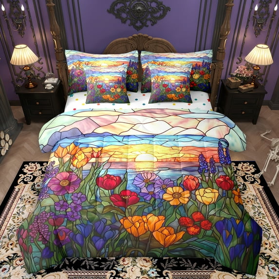 Homewish Colorful Flower Floral 7-Piece Twin Bedding Sets,Modern Aesthetic Desgin Bedding Comforter Set,Orange Sunset Sheet Sets For Girl Kids,Ultra Soft Home Decor Reversible