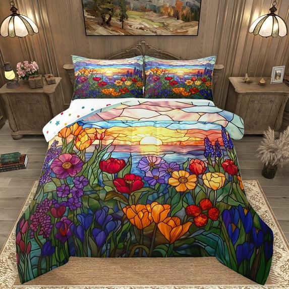 Homewish Colorful Flower Floral Full Size Comforter Sets,Modern Aesthetic Desgin Bedding Comforter Set,Orange Sunset Bedding Sets For Girl Kids,Ultra Soft Home Decor Reversible,3-Piece