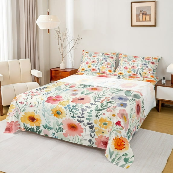 Homewish Colorful Flower Floral Full Size Sheets,Retro Rustic Plant Bed Sheets,Green Yellow Pink Sheet Sets For Girl Kids,Breathable Home Decor,4 Pieces