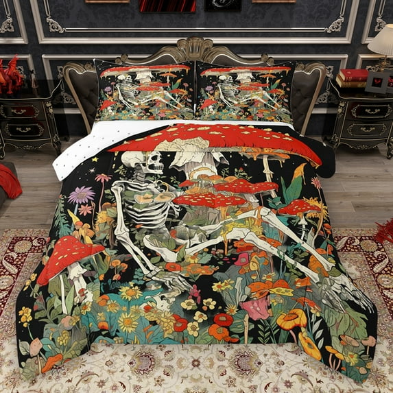Homewish Colorful Flower Mushroom Full Size Comforter Sets,Gothic Skull Bedding Comforter Set,Country Floral Bedding Sets For Boys Kids,Microfiber Bedroom Decor Reversible,3-Piece