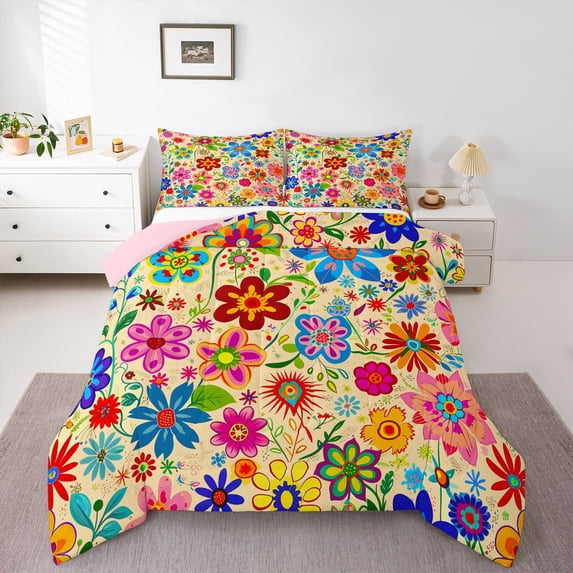 Homewish Colorful Flowers 2pcs Bedding Comforter Set For Kids Teens Adults,Chic Floral Blossoms Twin Comforter Sets,Exotic Style Breathable Bedding Set,Ultra Soft Home Decor,Reversible